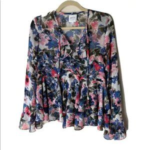 Misa Los Angeles Damaris Top Size XS Floral Ruffle Trim Long Bell Sleeves